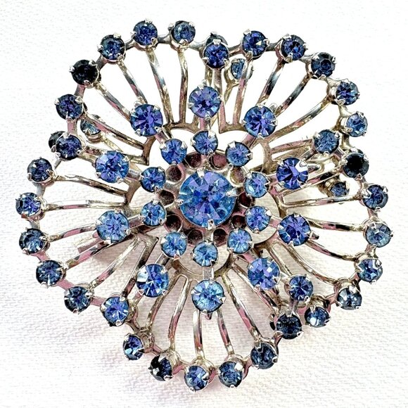 Vintage Light Blue Rhinestone Floral Brooch Pin - Picture 1 of 5